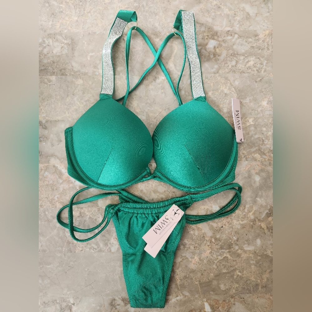 32D/M VS Shine Strap Bombshell Thong Bikini Set Green Tropical Island Getaway